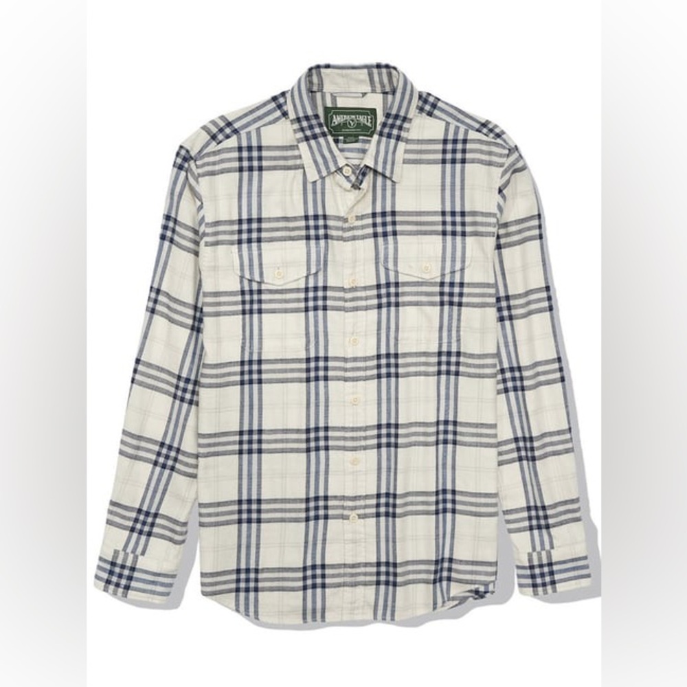 AE Men Super Soft Cotton Plaid Button-Down Shirt Cream & Navy Blue Size Small